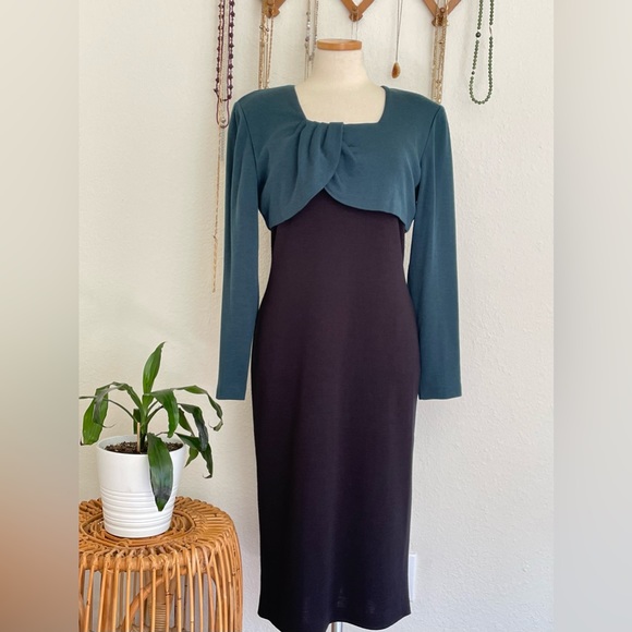 1980s Wool Acrylic Blend Back and Teal Color Block Pullover Dress - Picture 1 of 9